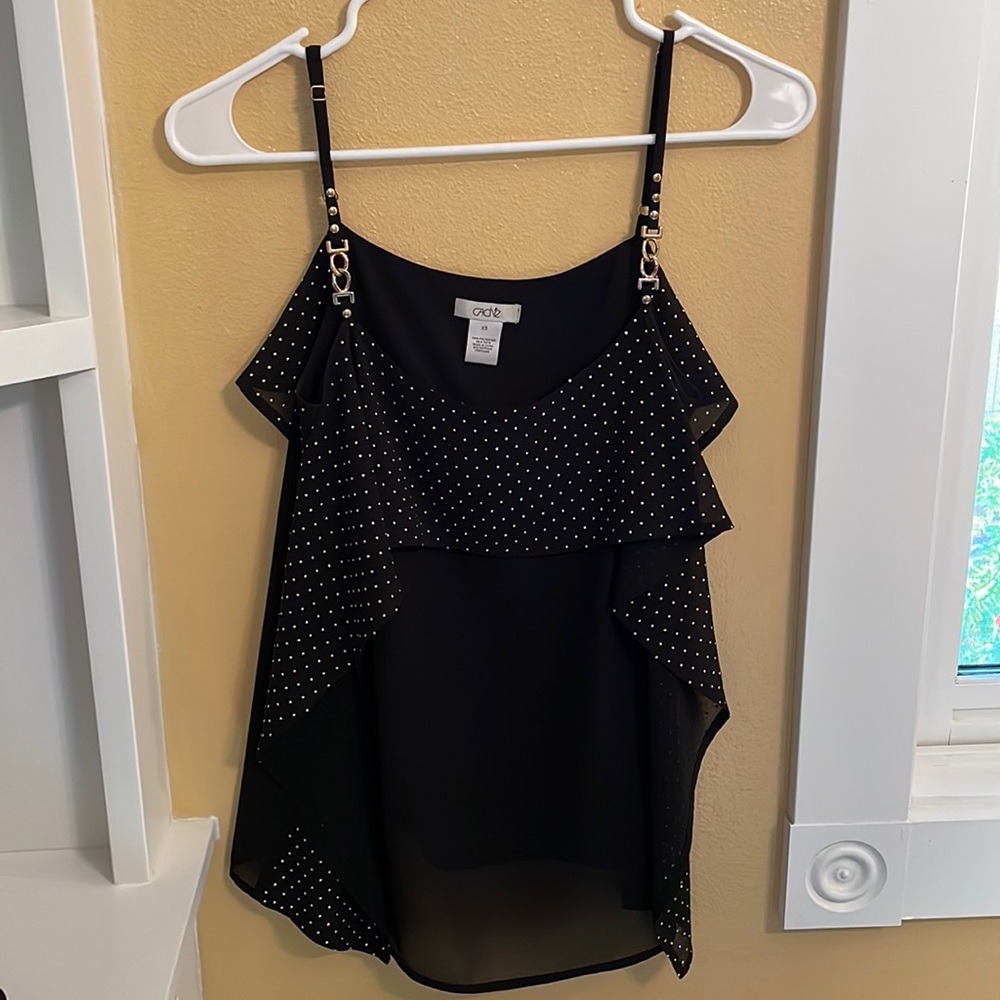 Like New Sheer Cach’e black & gold dressy tank top